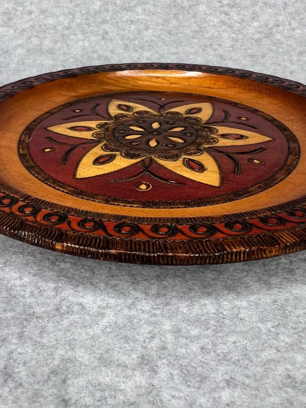 Vintage Decorative Ornate Carved Wooden Folk Art 8” Plate Polish